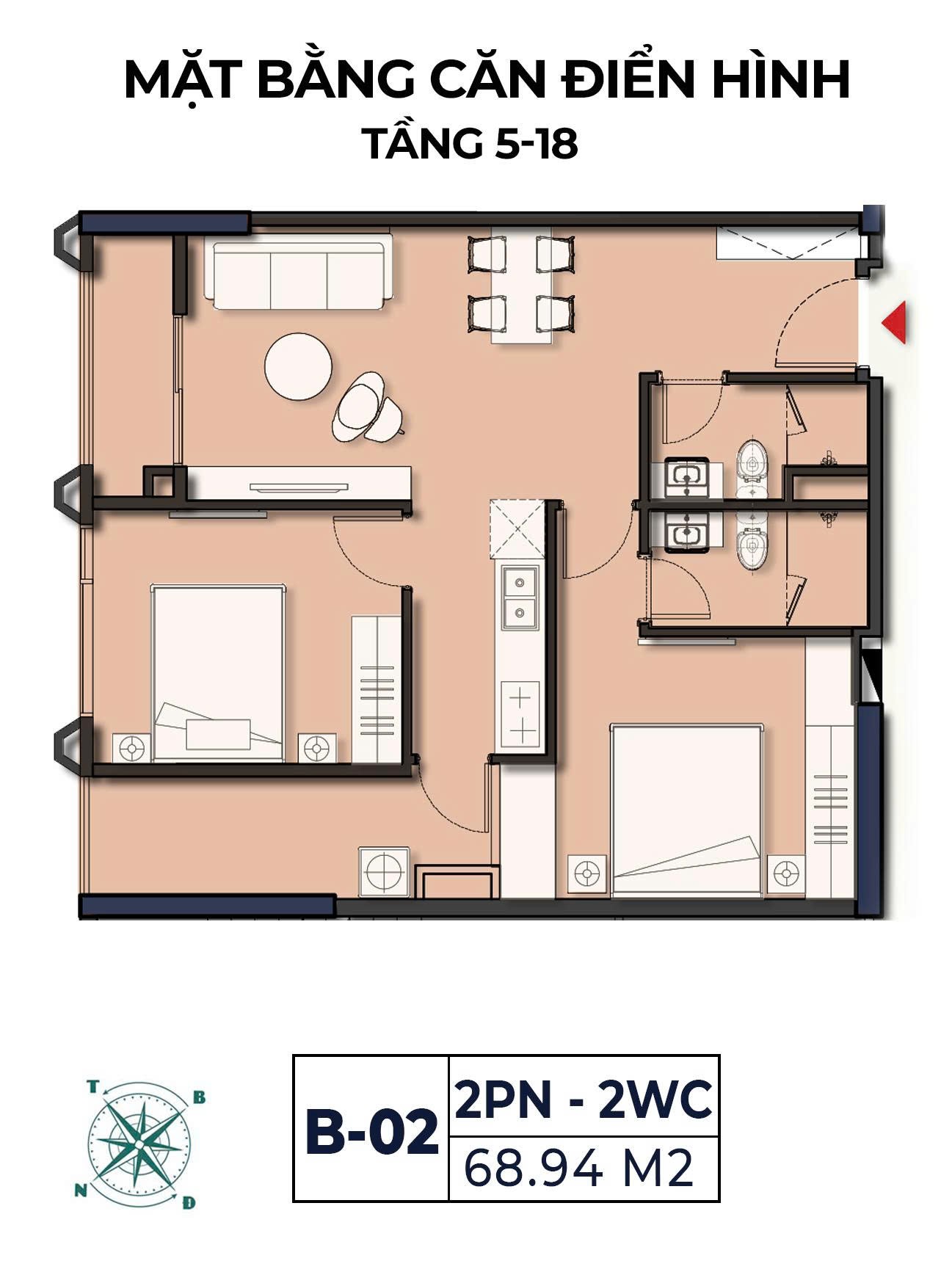 Mặt bằng căn B-02 Moonlight 2 loại 2 phòng ngủ 2 WC diện tích 68,94 m² tầng 5–18
