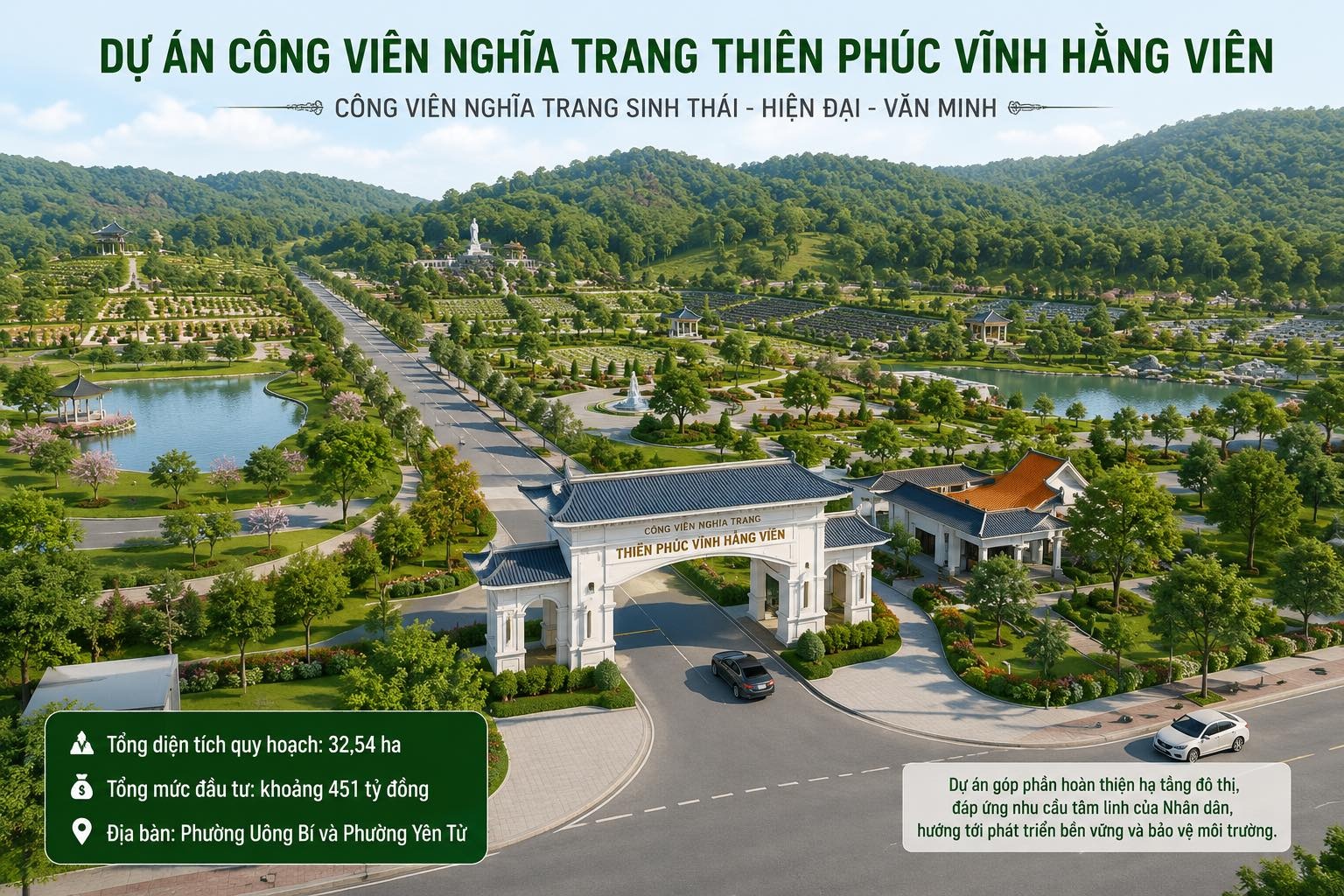 Phối cảnh cổng chính và toàn khu Công viên nghĩa trang Thiên Phúc Vĩnh Hằng Viên tại Uông Bí, Quảng Ninh