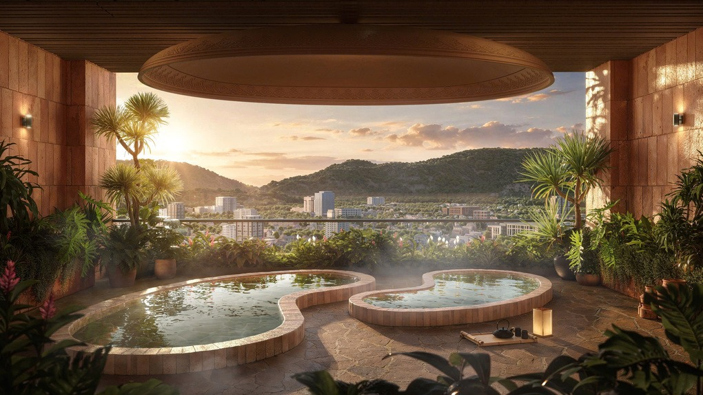 Phối cảnh tiện ích onsen dự án Q'Terra Quy Nhơn với sắc đất nung, cây xanh và khoảng mở đón cảnh quan biển