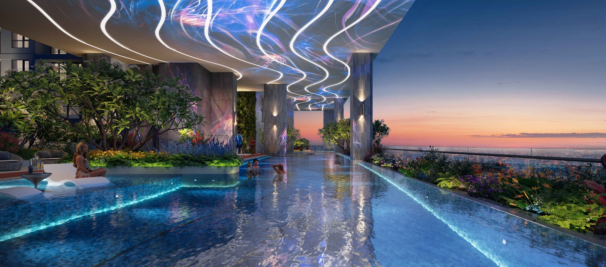 Art Pool bể bơi vô cực nghệ thuật ánh sáng Simona Heights Quy Nhơn về đêm