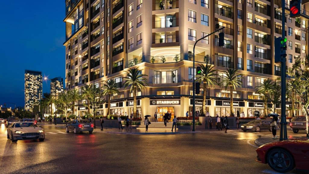 Khối đế thương mại Simona Heights Quy Nhơn về đêm tại giao lộ Trần Hưng Đạo và Trần Bình Trọng