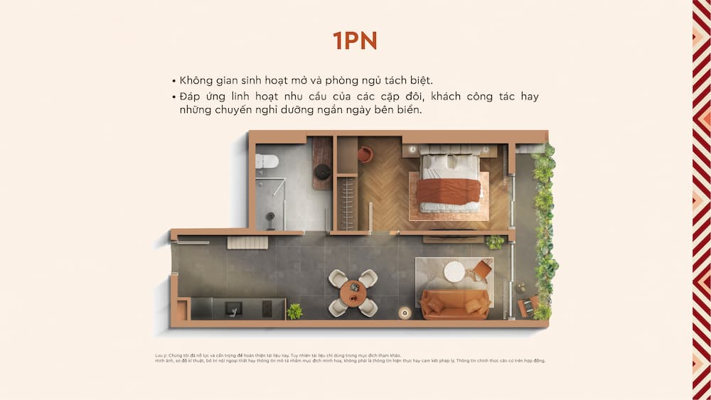 Layout căn hộ 1 phòng ngủ Q’Terra Quy Nhơn với không gian sinh hoạt mở và phòng ngủ tách biệt