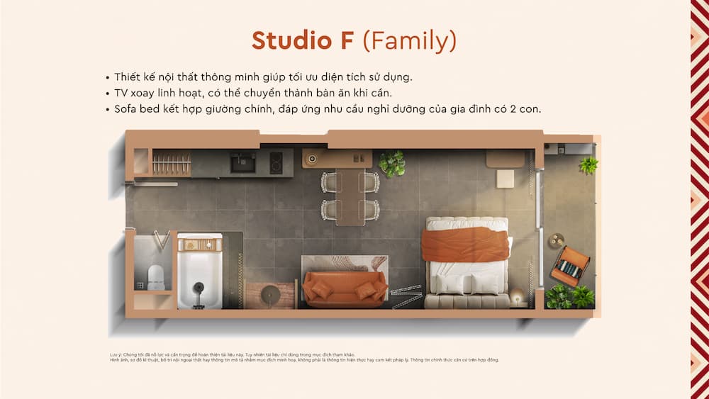 Layout căn hộ Studio F (Family) Q’Terra Quy Nhơn với giường đôi, sofa bed và bàn ăn