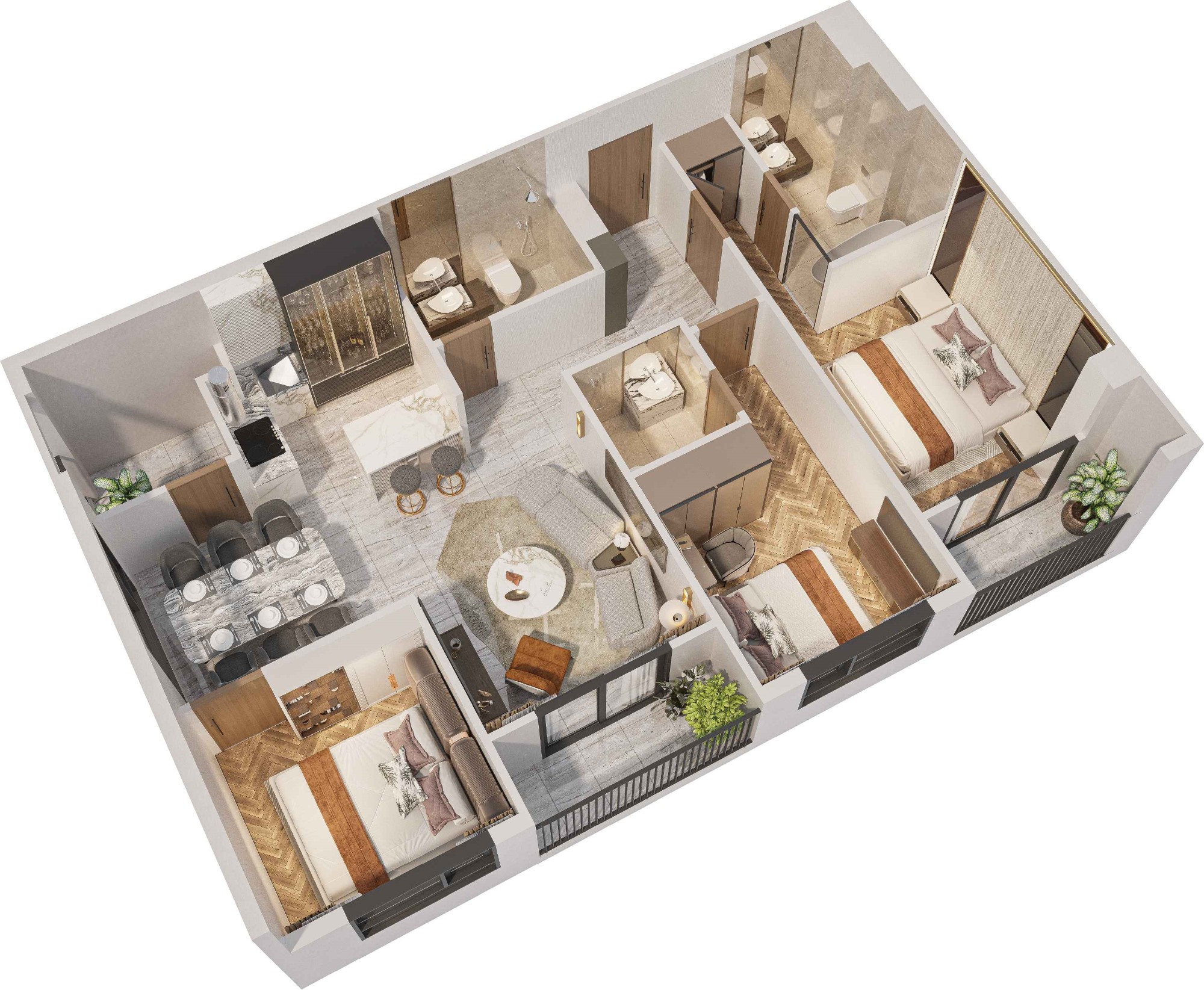 Mặt bằng 3D căn hộ 3 phòng ngủ Triple Key Simona Heights Quy Nhơn diện tích khoảng 87,5 m²