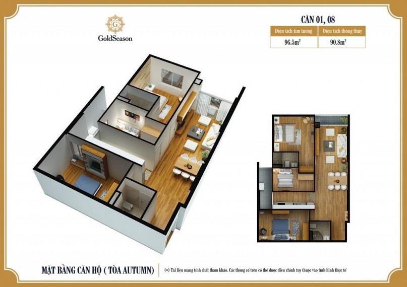 Mặt bằng căn 01, 08 tòa Autumn GoldSeason loại 3 phòng ngủ, diện tích thông thủy 90,8 m²