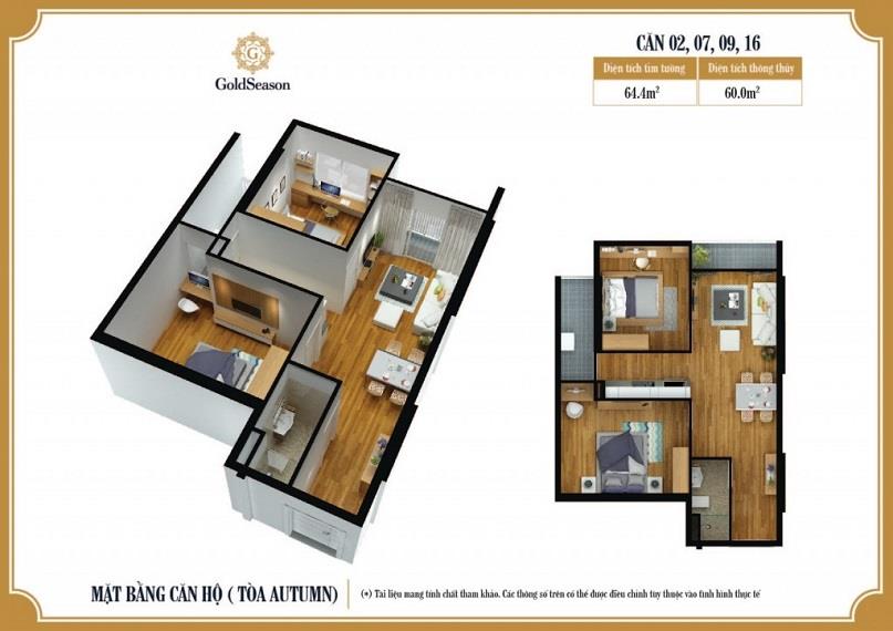 Mặt bằng căn 02, 07, 09, 16 tòa Autumn GoldSeason loại 2 phòng ngủ, diện tích thông thủy 60 m²