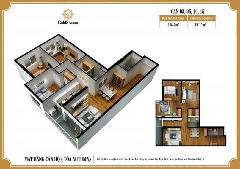 Mặt bằng căn 03, 06, 10, 15 tòa Autumn GoldSeason loại 3 phòng ngủ, diện tích thông thủy 101,9 m²