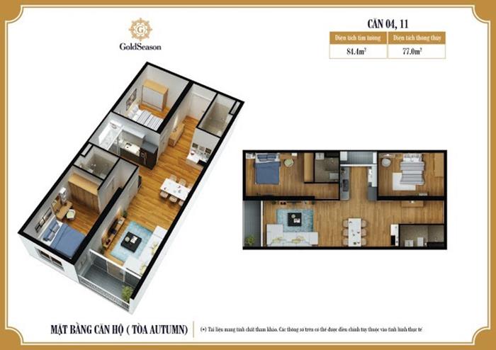 Mặt bằng căn 04, 11 tòa Autumn GoldSeason loại 2 phòng ngủ, diện tích thông thủy 77 m²