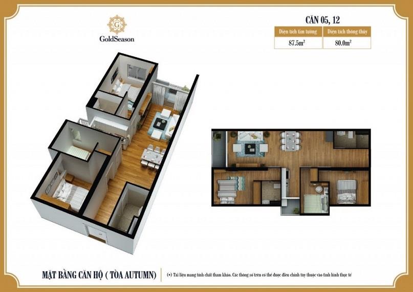 Mặt bằng căn 05, 12 tòa Autumn GoldSeason loại 3 phòng ngủ, diện tích thông thủy 80 m²