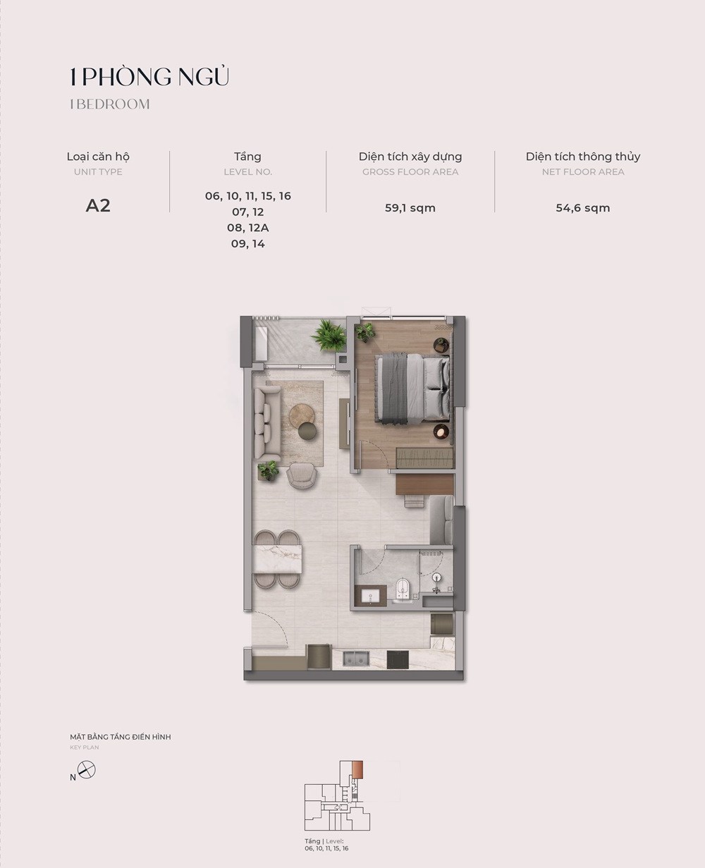 Mặt bằng căn A2 The Reflection West Lake loại 1 phòng ngủ diện tích thông thủy 54,6 m² tầng 6 đến 16