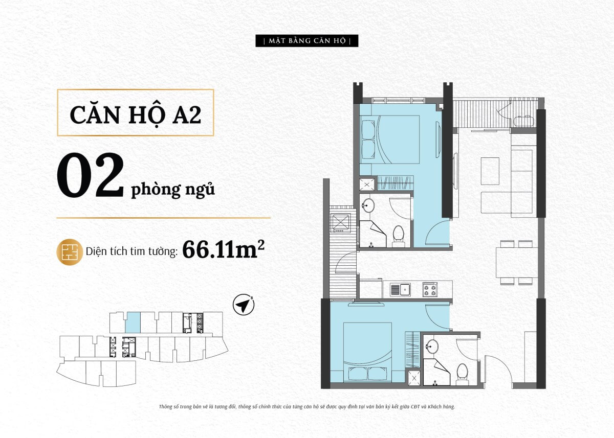 Mặt bằng căn A2 The Sailing Quy Nhơn loại 2 phòng ngủ diện tích thông thủy 59,5 m²