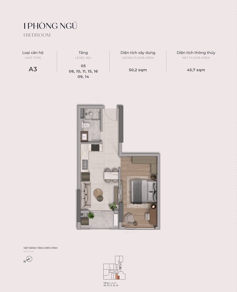 Mặt bằng căn A3 The Reflection West Lake loại 1 phòng ngủ diện tích thông thủy 45,7 m²