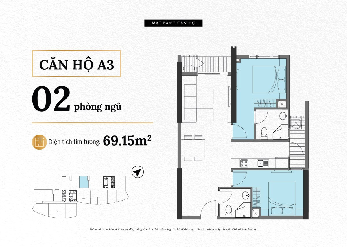 Mặt bằng căn A3 The Sailing Quy Nhơn loại 2 phòng ngủ diện tích thông thủy 62,5 m²