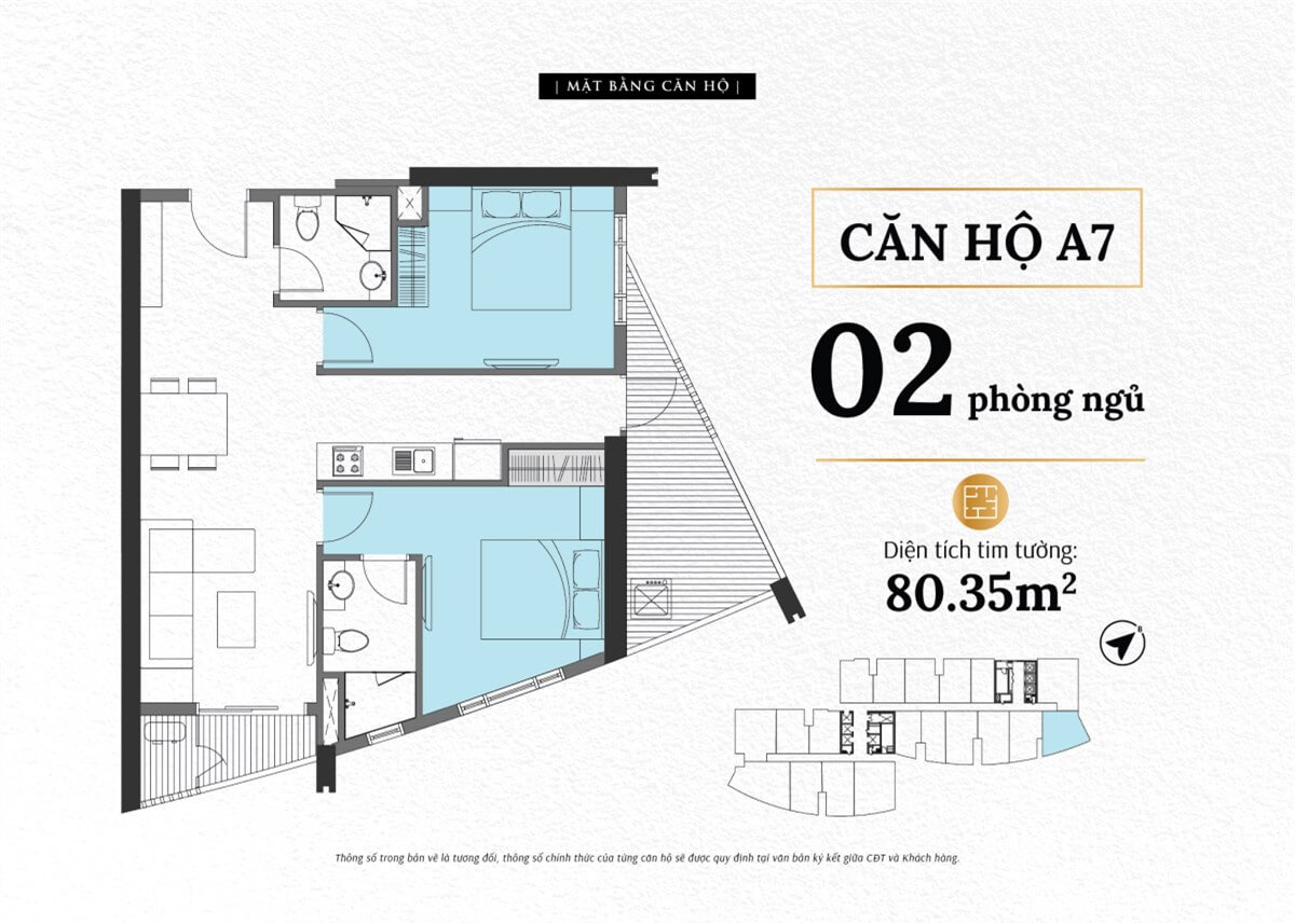 Mặt bằng căn A7 The Sailing Quy Nhơn loại 2 phòng ngủ diện tích thông thủy 74,5 m²