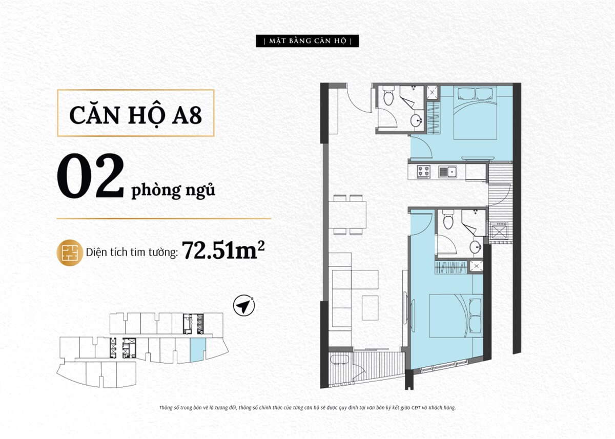 Mặt bằng căn A8 The Sailing Quy Nhơn loại 2 phòng ngủ diện tích thông thủy 66,9 m²