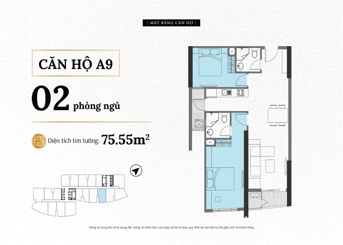 Mặt bằng căn A9 The Sailing Quy Nhơn loại 2 phòng ngủ diện tích thông thủy 69,3 m²