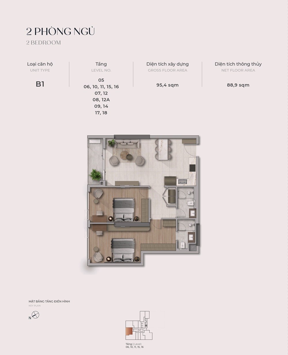 Mặt bằng căn B1 The Reflection West Lake loại 2 phòng ngủ diện tích thông thủy 88,9 m² tầng 5 đến 18