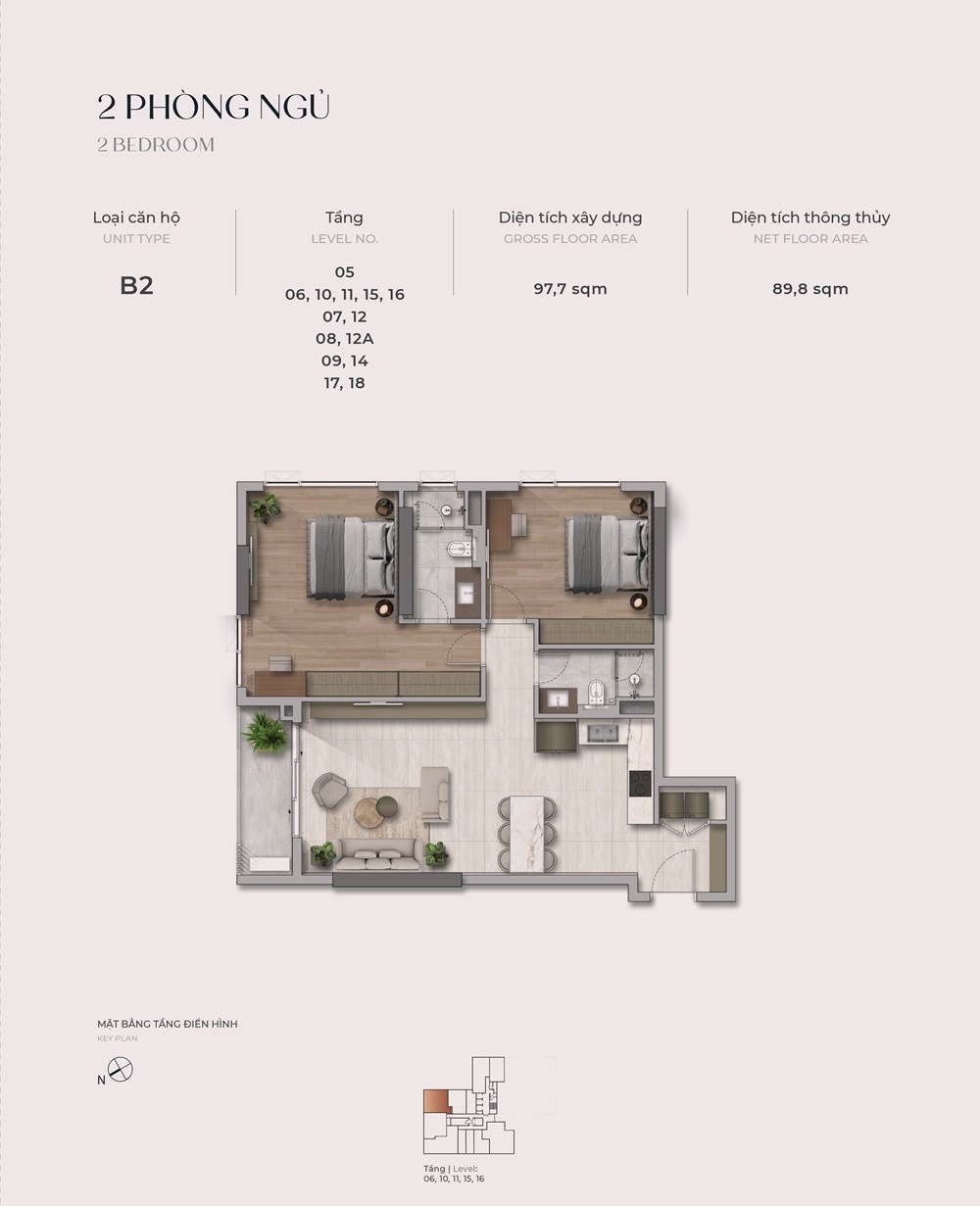Mặt bằng căn B2 The Reflection West Lake loại 2 phòng ngủ diện tích thông thủy 89,8 m² tầng 5 đến 18