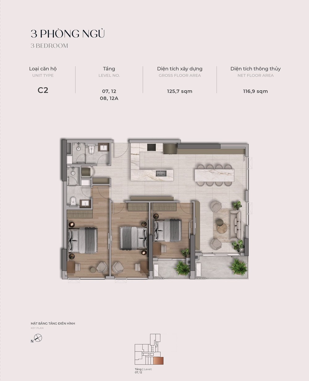 Mặt bằng căn C2 The Reflection West Lake loại 3 phòng ngủ diện tích thông thủy 116,9 m² tầng 7, 8, 12, 13