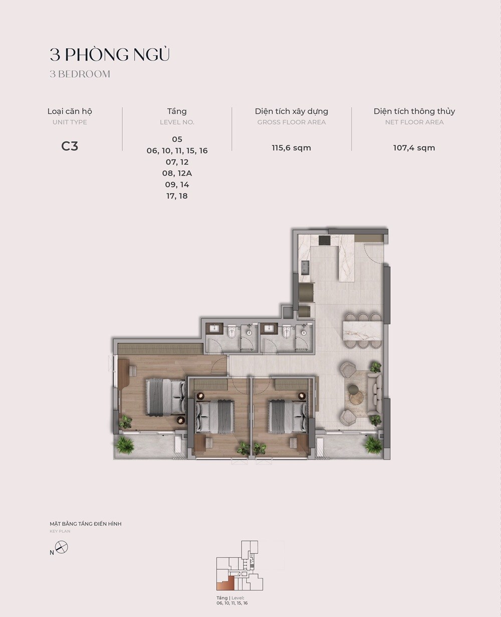 Mặt bằng căn C3 The Reflection West Lake loại 3 phòng ngủ diện tích thông thủy 107,4 m² tầng 5 đến 18
