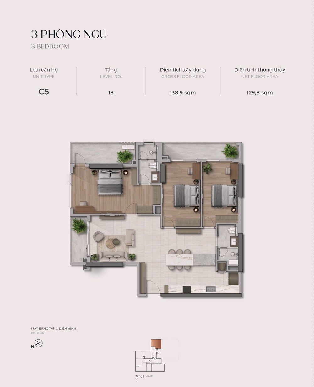 Mặt bằng căn C5 The Reflection West Lake loại 3 phòng ngủ diện tích thông thủy 129,8 m² tầng 18