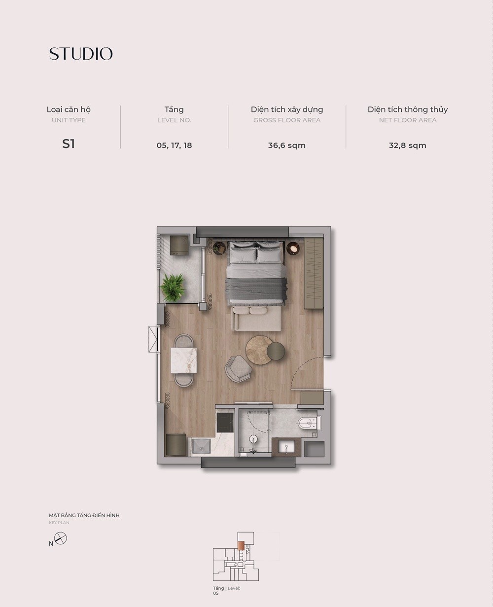 Mặt bằng căn S1 The Reflection West Lake loại Studio diện tích thông thủy 32,8 m² tầng 5, 17, 18
