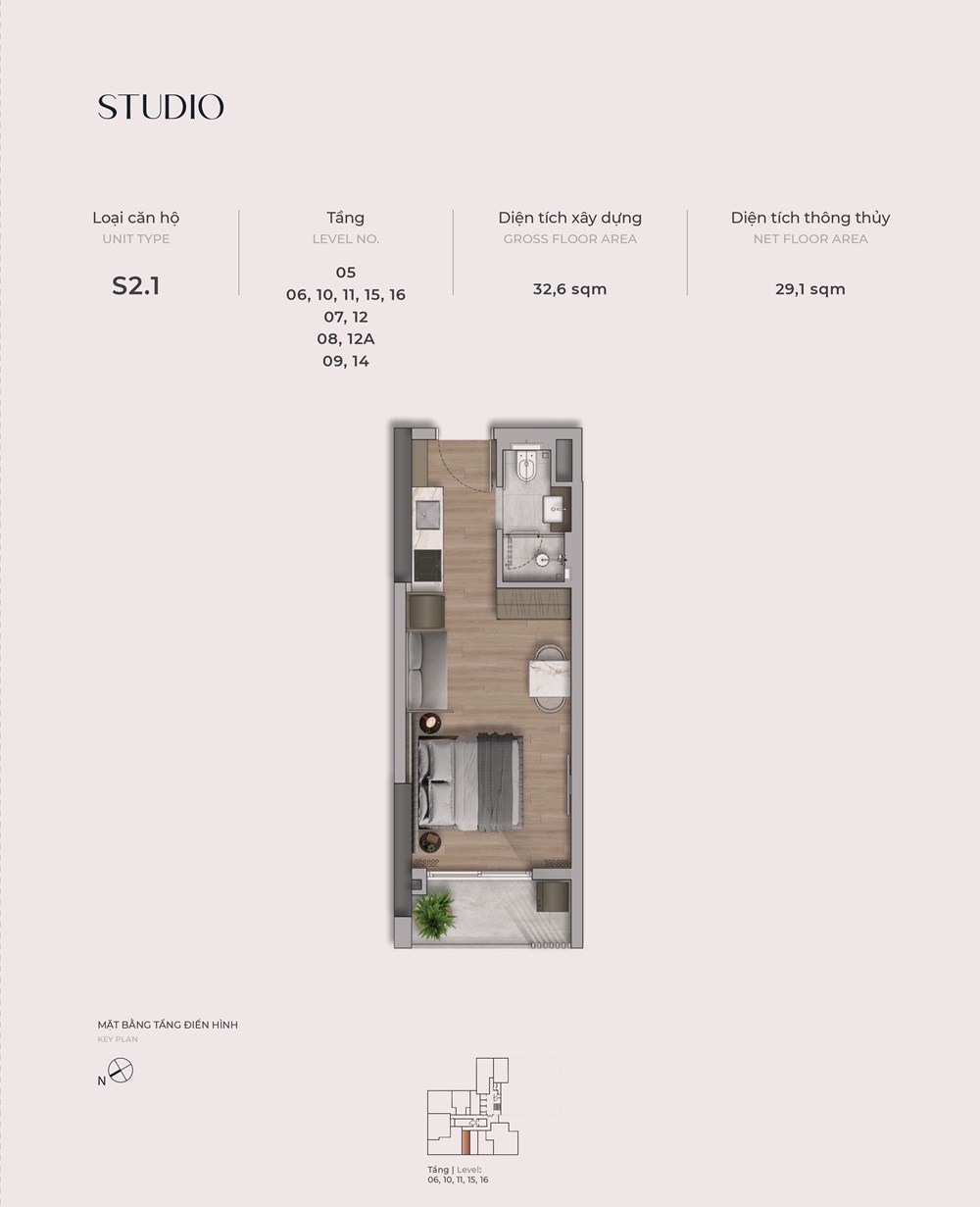 Mặt bằng căn S2.1 The Reflection West Lake loại Studio diện tích thông thủy 29,1 m² tầng 5 đến 16