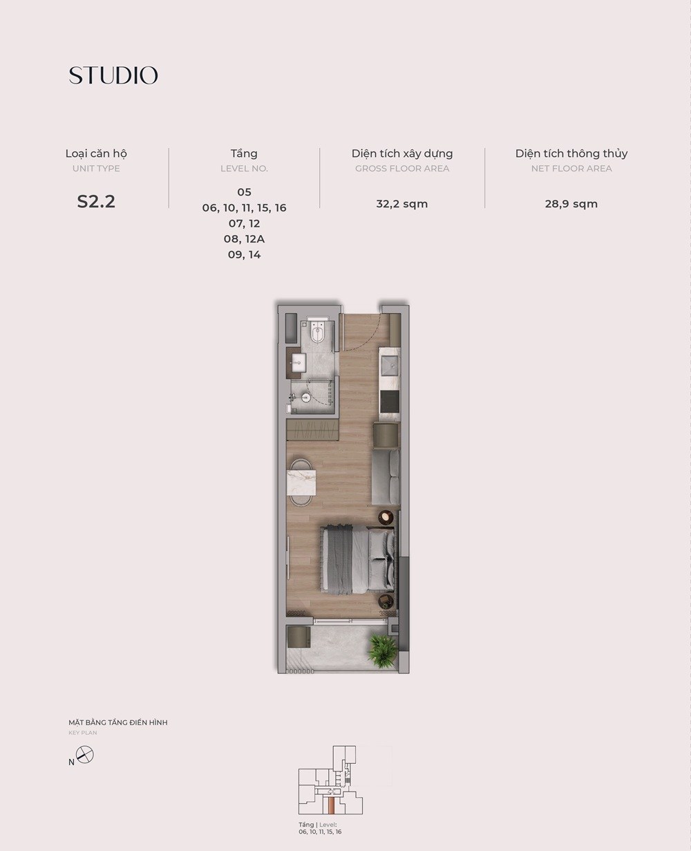 Mặt bằng căn S2.2 The Reflection West Lake loại Studio diện tích thông thủy 28,9 m² tầng 5 đến 16
