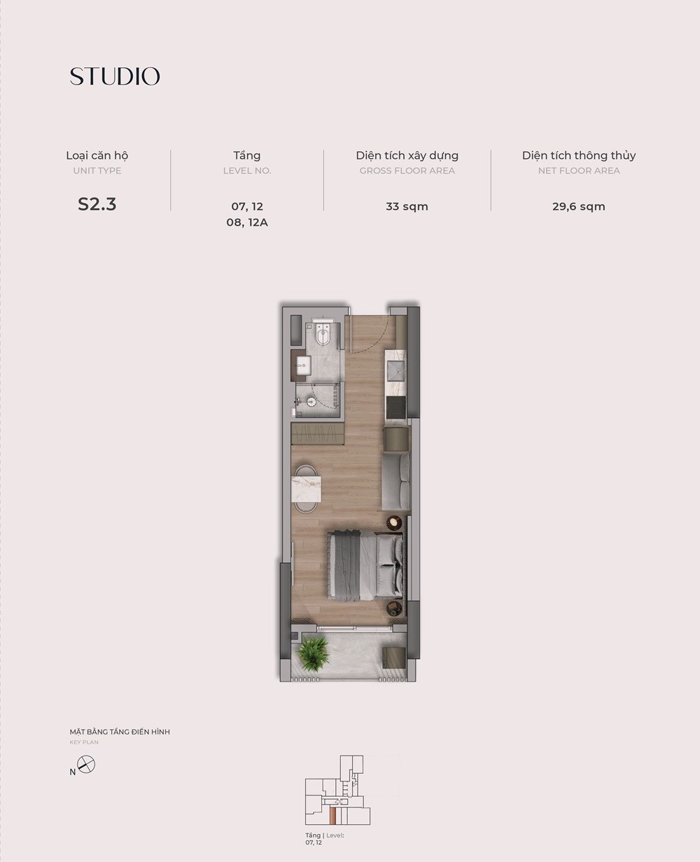 Mặt bằng căn S2.3 The Reflection West Lake loại Studio diện tích thông thủy 29,6 m²