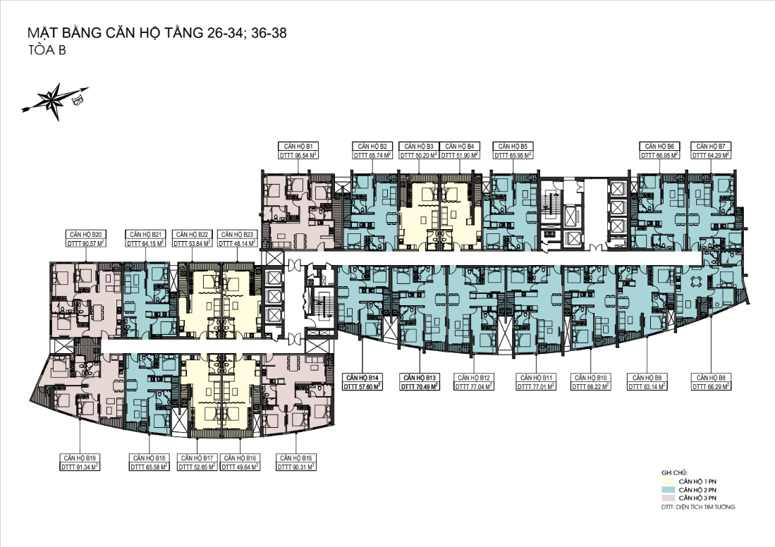 Mặt bằng tầng 26 – 34 và 36 – 38 tháp B The Sailing Quy Nhơn