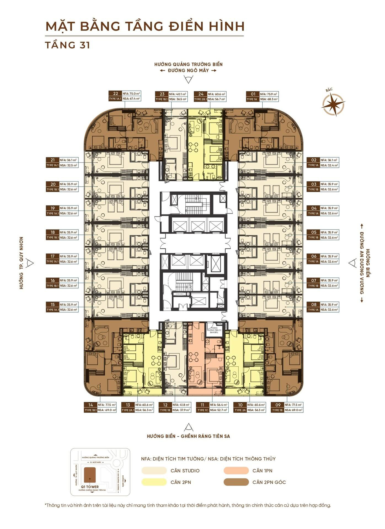 Mặt bằng tầng 31 Q’Terra Quy Nhơn có căn hộ 1 phòng ngủ diện tích thông thủy 52,7 m²