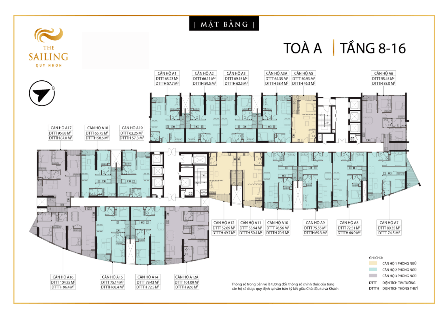 Mặt bằng tầng 8 – 16 tháp A The Sailing Quy Nhơn gồm 19 căn hộ mỗi sàn