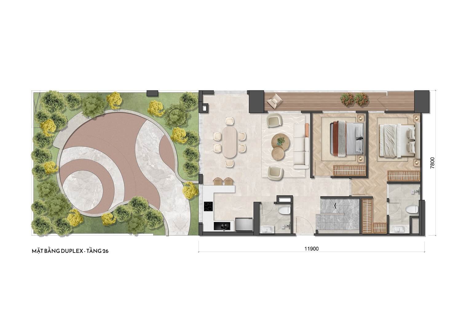 Mặt bằng tầng dưới căn Duplex Simona Heights Quy Nhơn tầng 26 với phòng khách, bếp, 2 phòng ngủ và sân vườn riêng