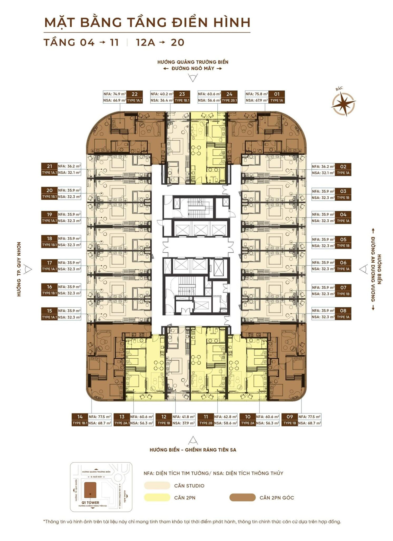 Mặt bằng tầng điển hình 4 đến 11 và 12A đến 20 Q’Terra Quy Nhơn gồm 24 căn hộ mỗi sàn