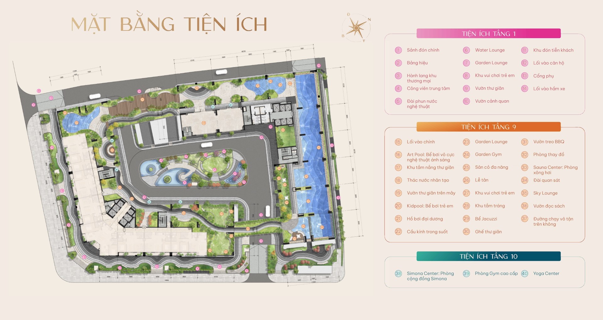 Mặt bằng tiện ích Simona Heights Quy Nhơn tầng 1, tầng 9 và tầng 10