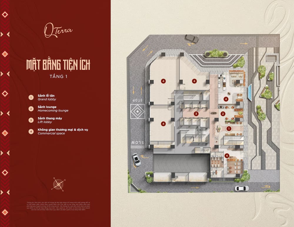 Mặt bằng tiện ích tầng 1 Q’Terra Quy Nhơn: sảnh lễ tân, sảnh lounge, sảnh thang máy, không gian thương mại