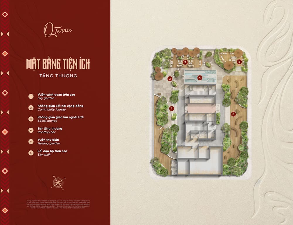 Mặt bằng tiện ích tầng thượng Q’Terra Quy Nhơn: sky garden, rooftop bar, vườn thư giãn, lối đi bộ trên cao