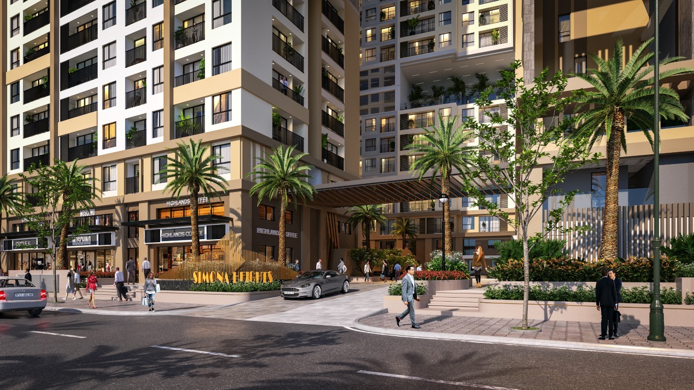 Mặt tiền khối đế thương mại Simona Heights Quy Nhơn với lối vào sảnh dự án