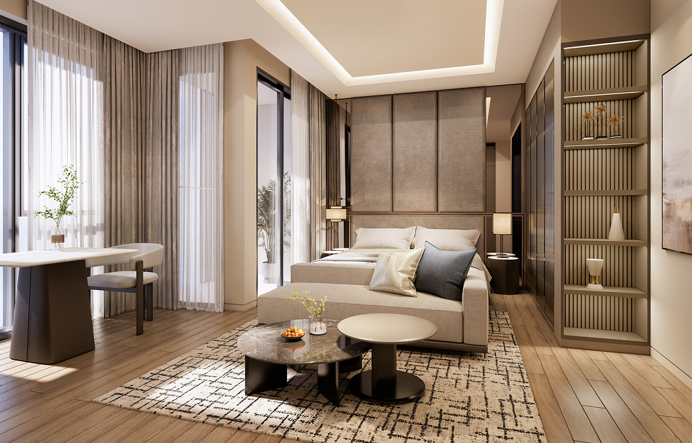 Nội thất căn hộ Studio S1 The Reflection West Lake với khu ngủ, sofa và bàn làm việc