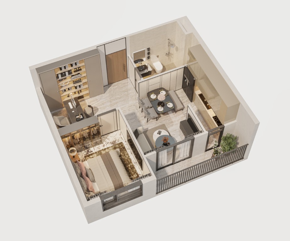 Phối cảnh bóc mái căn S.01 Simona Heights Quy Nhơn tòa The Sea loại 1 phòng ngủ diện tích 44,25 m²