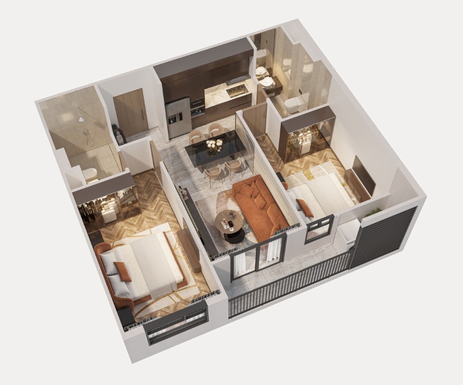 Phối cảnh bóc mái căn S.10 Simona Heights Quy Nhơn tòa The Sea loại 2 phòng ngủ diện tích 65,01 m²