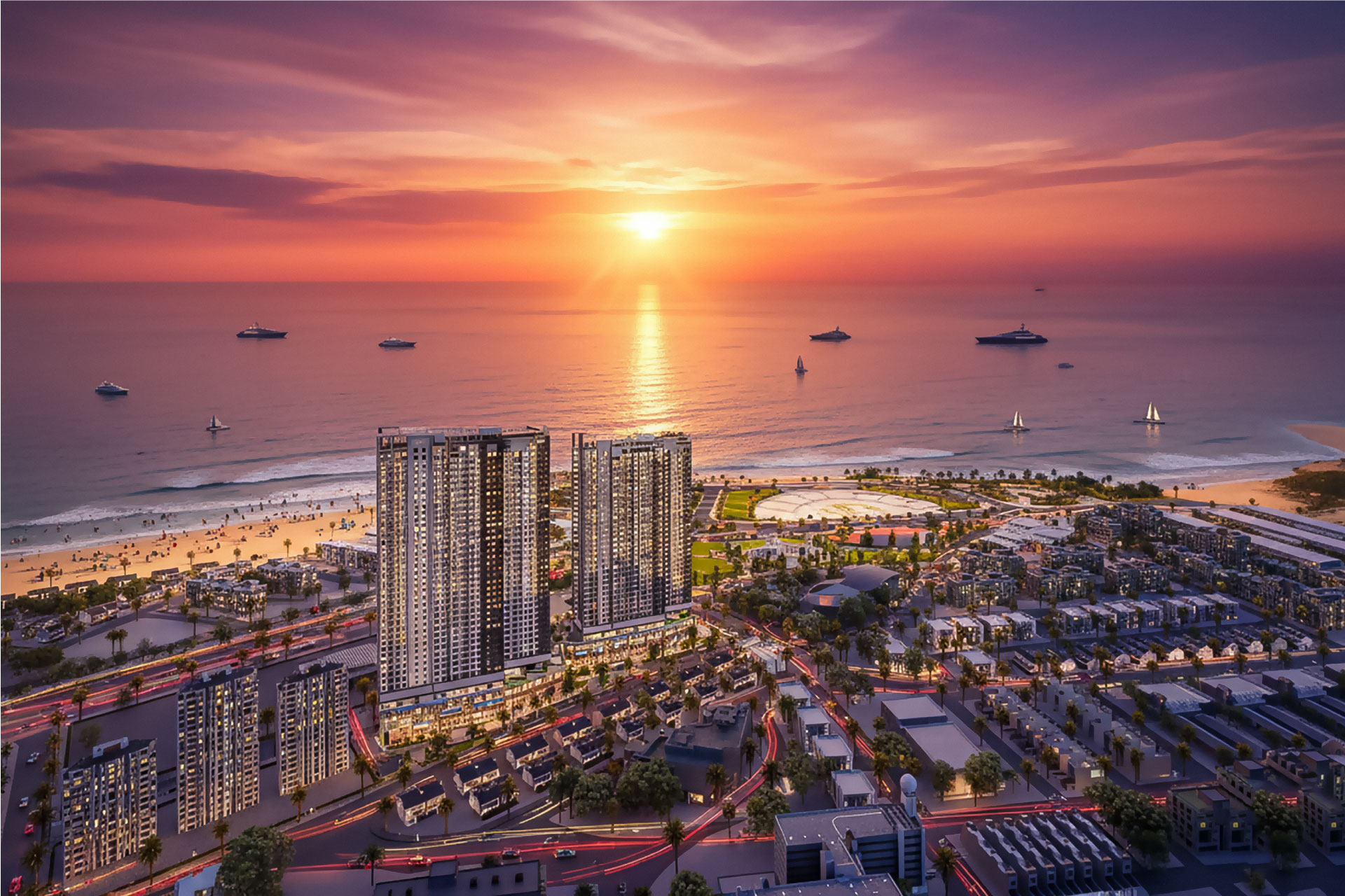 Phối cảnh hai tòa tháp The Sailing Quy Nhơn bên vịnh biển Quy Nhơn lúc hoàng hôn