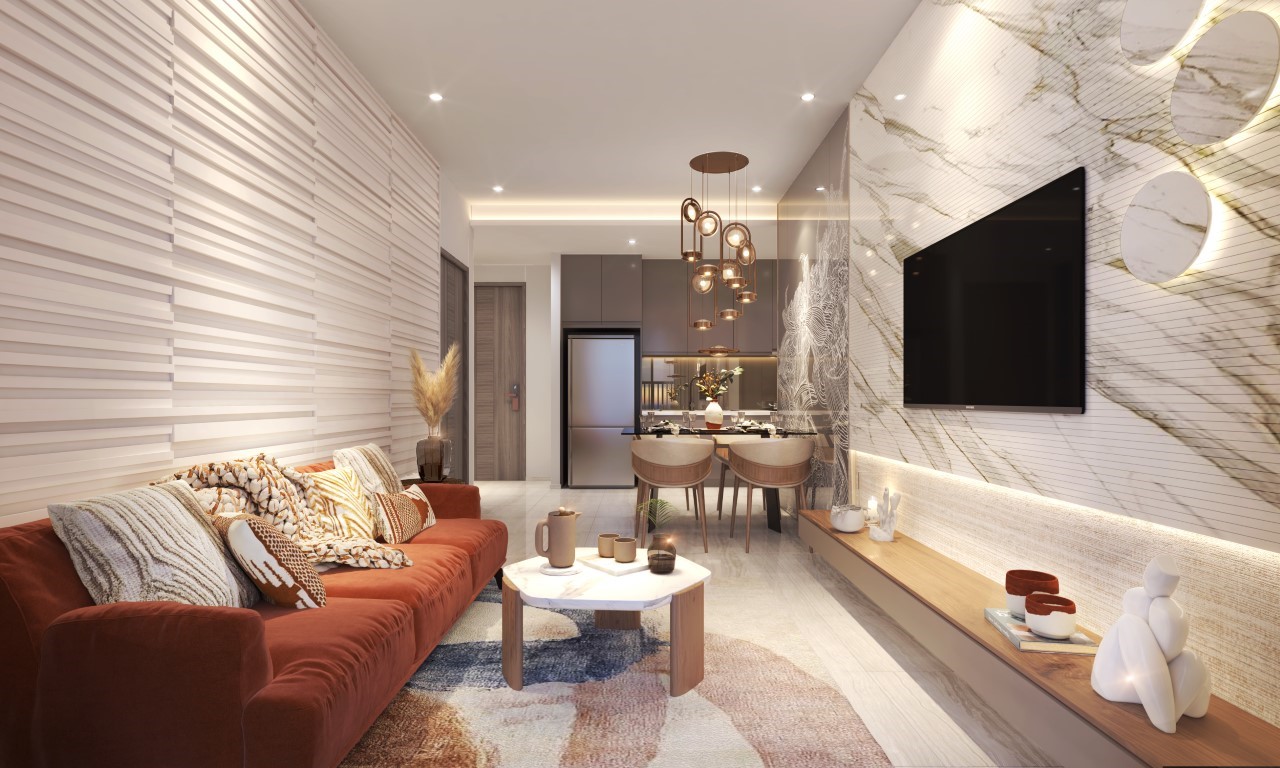 Phối cảnh phòng khách căn hộ 2 phòng ngủ Simona Heights Quy Nhơn