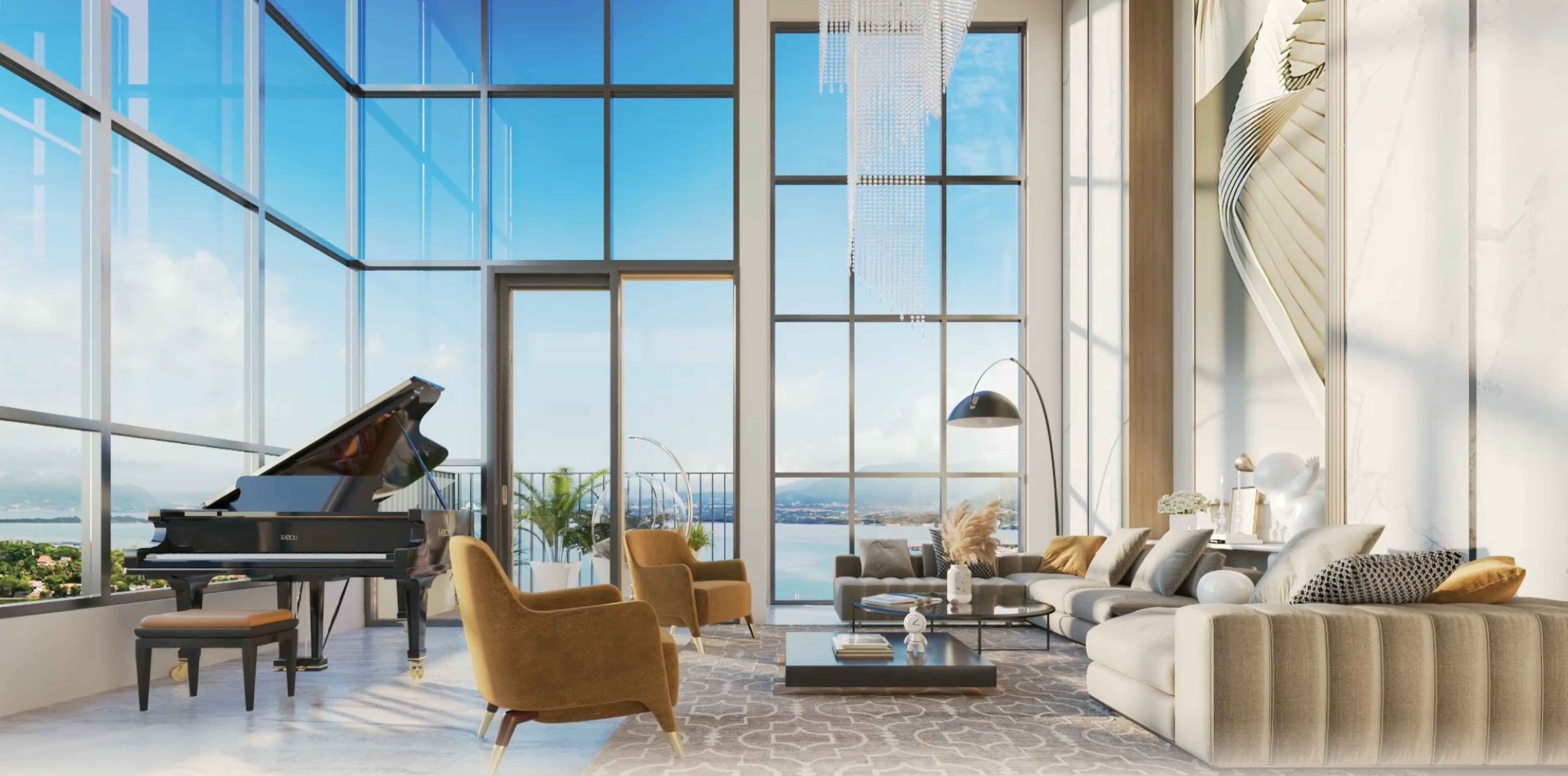 Phối cảnh phòng khách thông tầng căn hộ Pent Heights Simona Heights Quy Nhơn với vách kính nhìn ra biển
