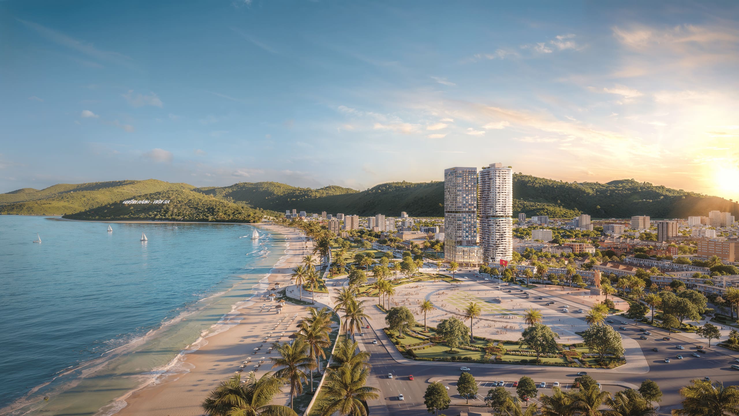 Phối cảnh tòa tháp căn hộ Q’Terra Quy Nhơn và khách sạn Courtyard by Marriott bên bãi biển, quảng trường trung tâm Quy Nhơn lúc bình minh