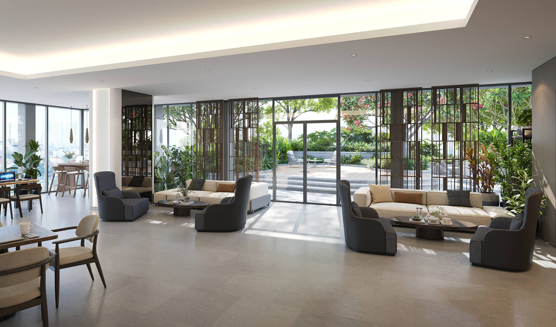 Phòng sinh hoạt cộng đồng The Reflection West Lake với sofa và vách kính mở ra vườn