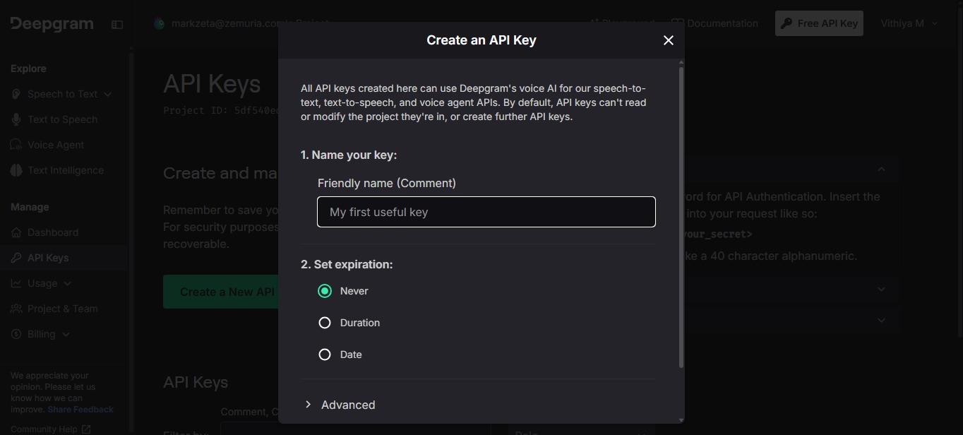 Deepgram API key step