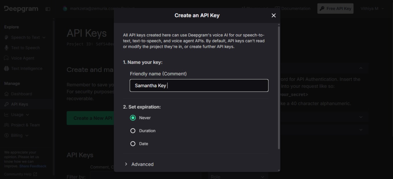 Deepgram API key created