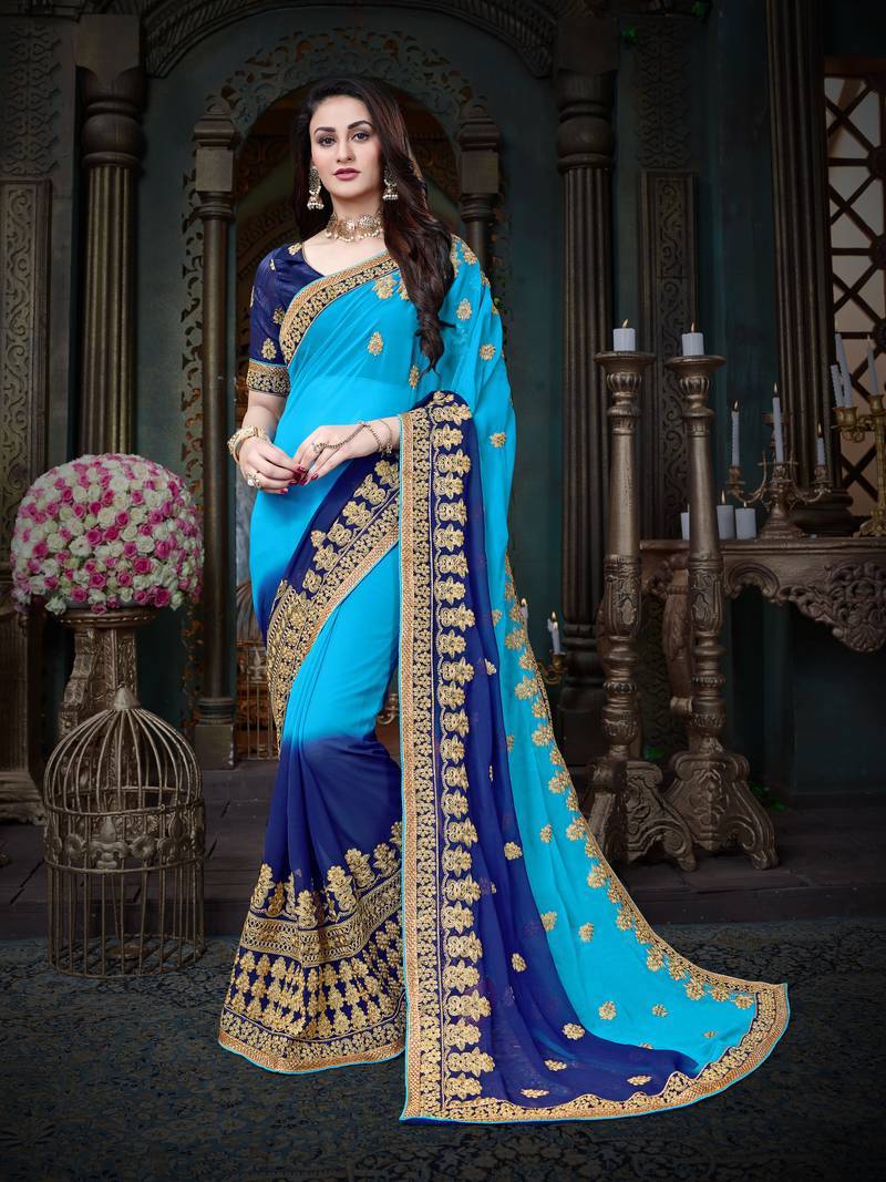 Blue Embroidered Georgette Saree With Blouse