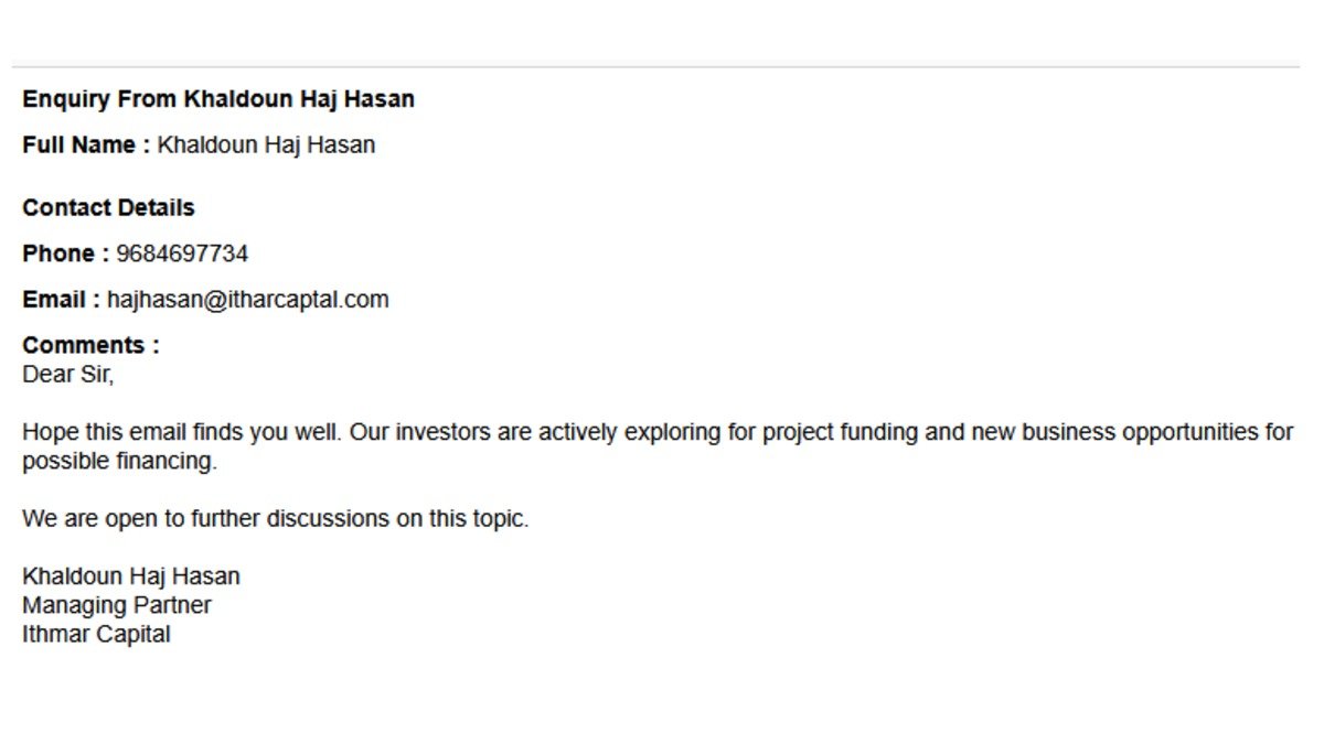 Enquiry From Khaldoun Haj Hasan - hajhasan@itharcaptal.com